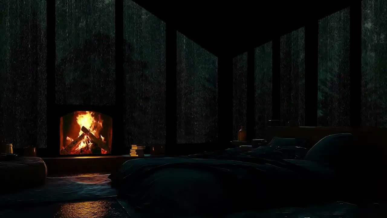 The sound of rain filling the forest as a small cabin rests quietly in the night