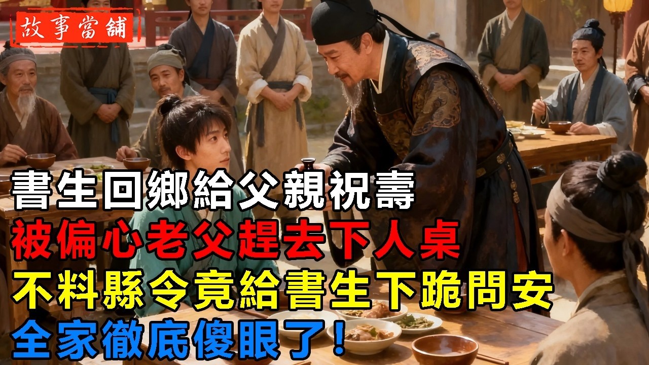 書生回鄉給父親祝壽，被偏心老父趕去下人桌，不料縣令竟給書生下跪問安，全家徹底傻眼了！| 民間故事 | 故事當舖