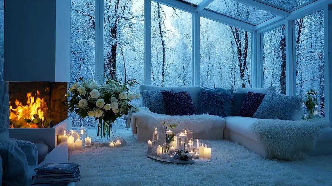 Snowy Forest Night Outside the Window with Fireplace Crackling 🔥 Cozy Living Room Sleep Ambience
