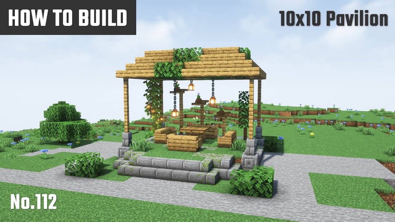 マイクラ建築：公園にあるテーブルとイス付きの東屋の作り方。10x10ブロックで簡単に。No.112【Minecraft】