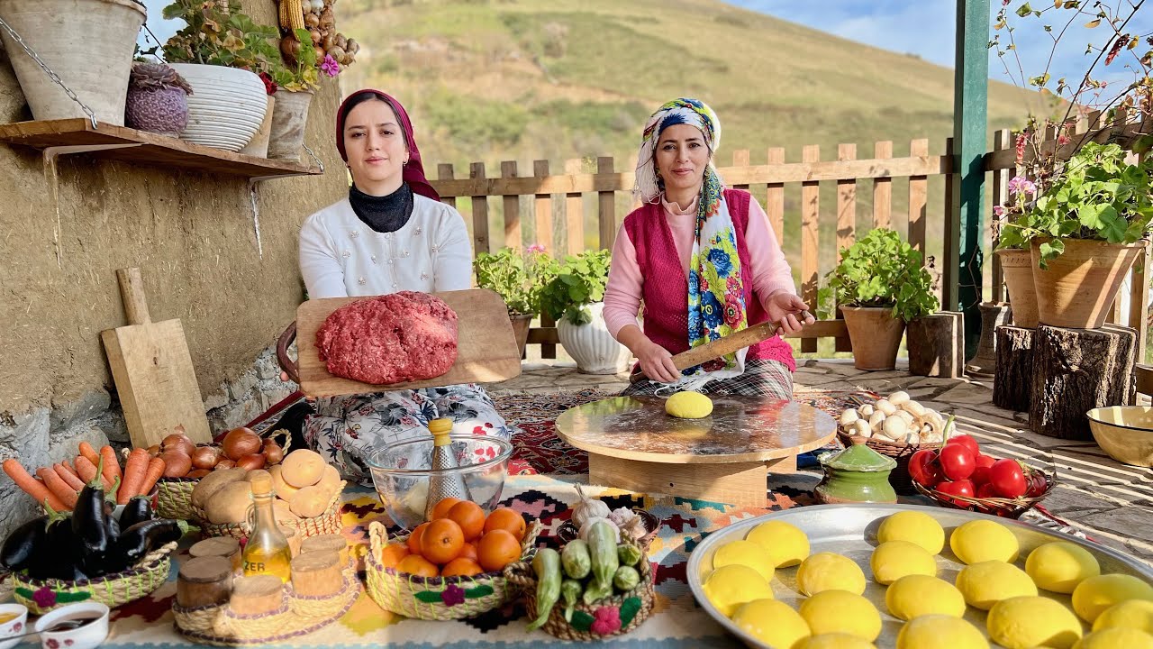 Baking Traditional Bread & Cooking Meat Patties Over Fire in a Mountain Village