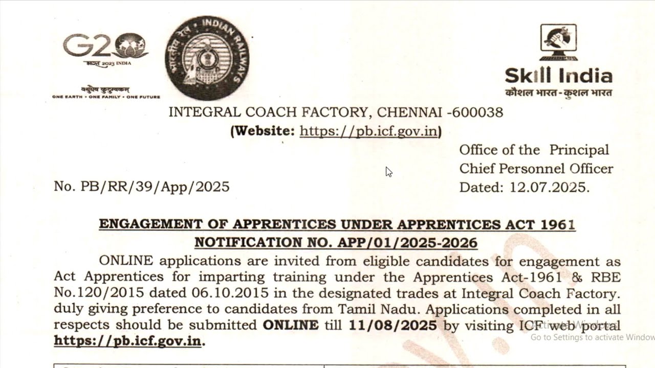 ICF Apprentices Recruitment 2025 || Integral Coach Factory Notification Explained || 1010 Post