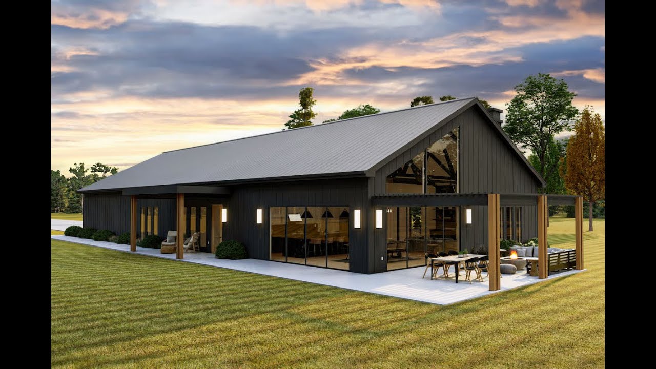 Barndominium House Plan with Soaring Cathedral Ceiling and Exposed Beams