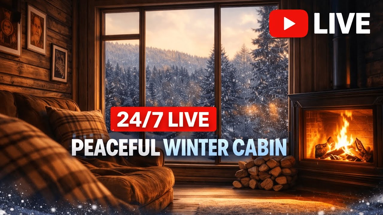 🌲 Peaceful Winter Cabin — 24/7 Live Cozy Fireplace & Snowfall Ambience ❄️🔥