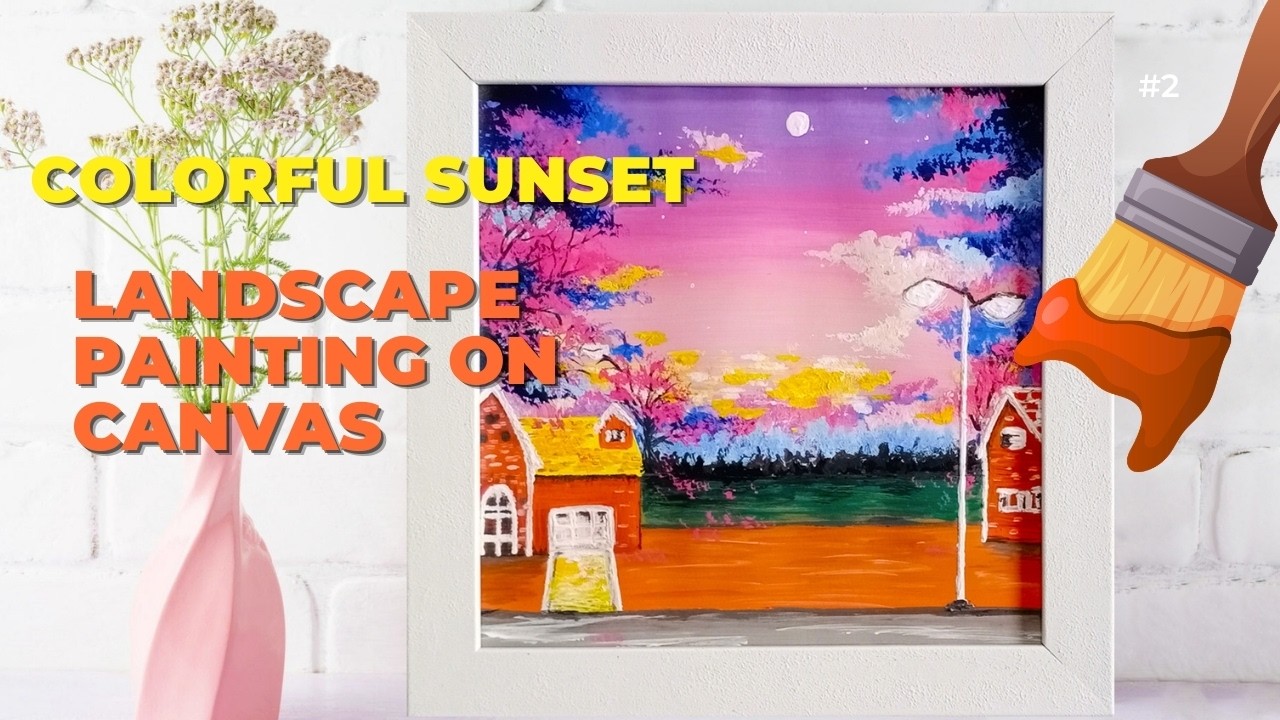 Colorful Sunset Landscape Painting on Canvas | Easy Acrylic Painting Tutorial