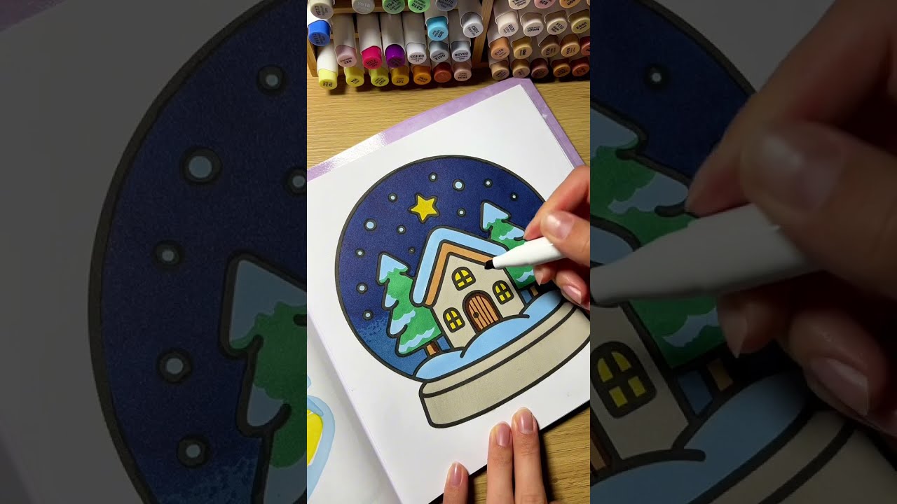 Satisfying ASMR Coloring ❄️ Snow Globe House | Cozy Winter Marker Sounds