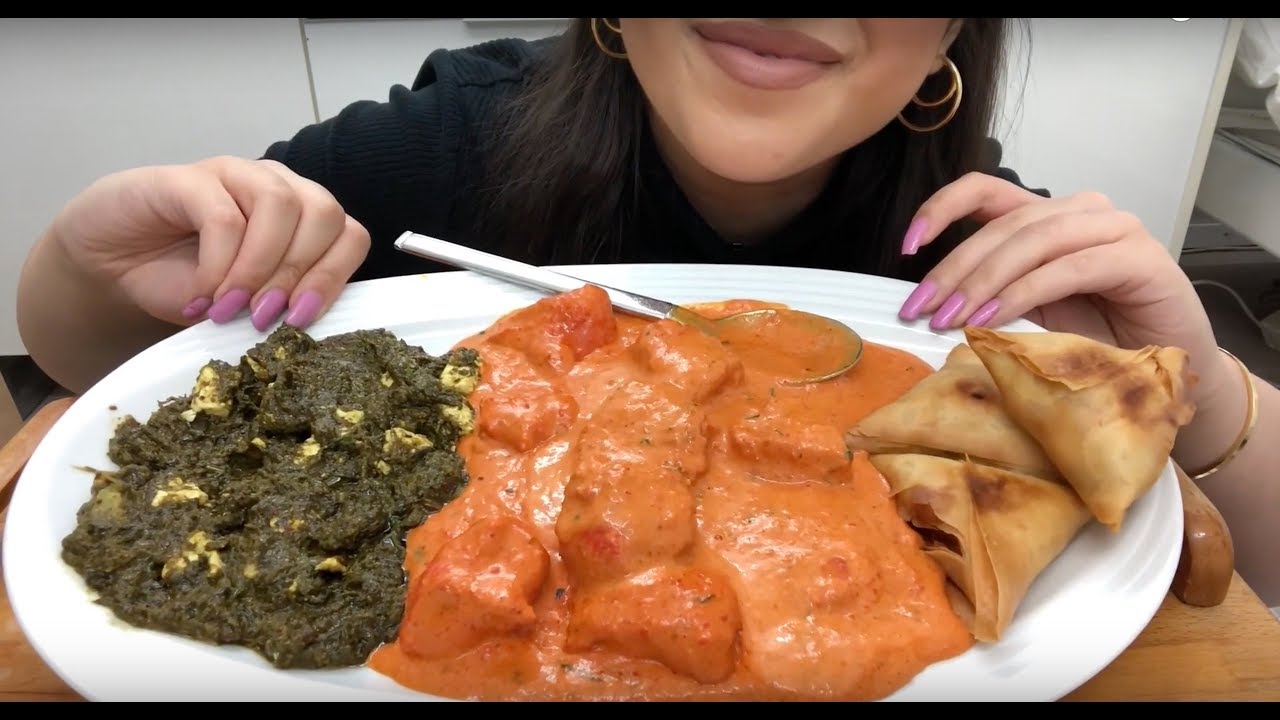 Watch Me Eat Indian Food (Butter Chicken, Palak Paneer and Samosa) | Mukbang | No Talking | ASMR