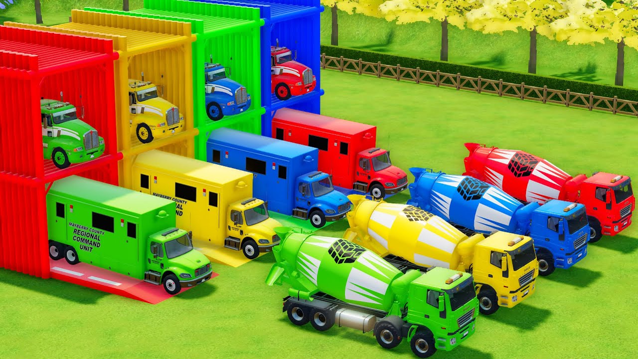 Garage with Colors - ALL MIXER TRUCK WITH DOUBLE FLATBED TRAILER TRUCK, KENWORTH, MERCEDES, IVECO