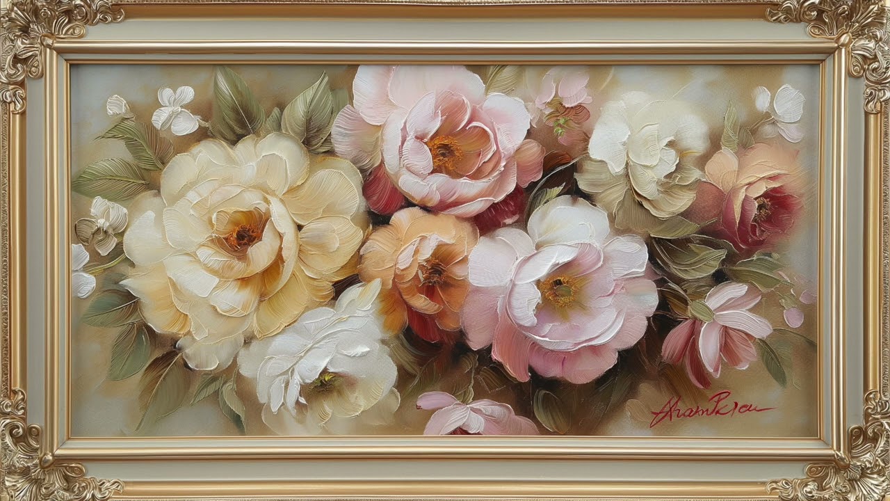 Flower painting with white frame for tv | frame TV art | TV screensaver | 5 hours