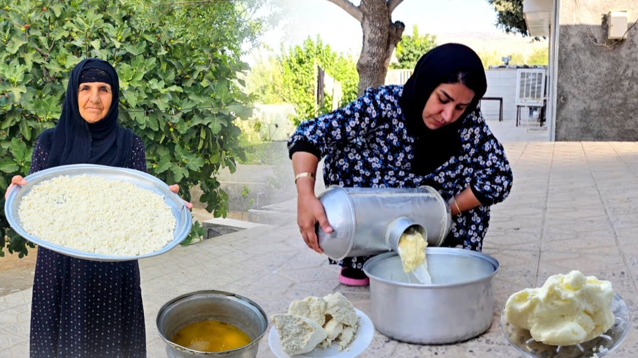 Village life in Iran: Making homemade yogurt and local animal oil | village cooking | ILAM