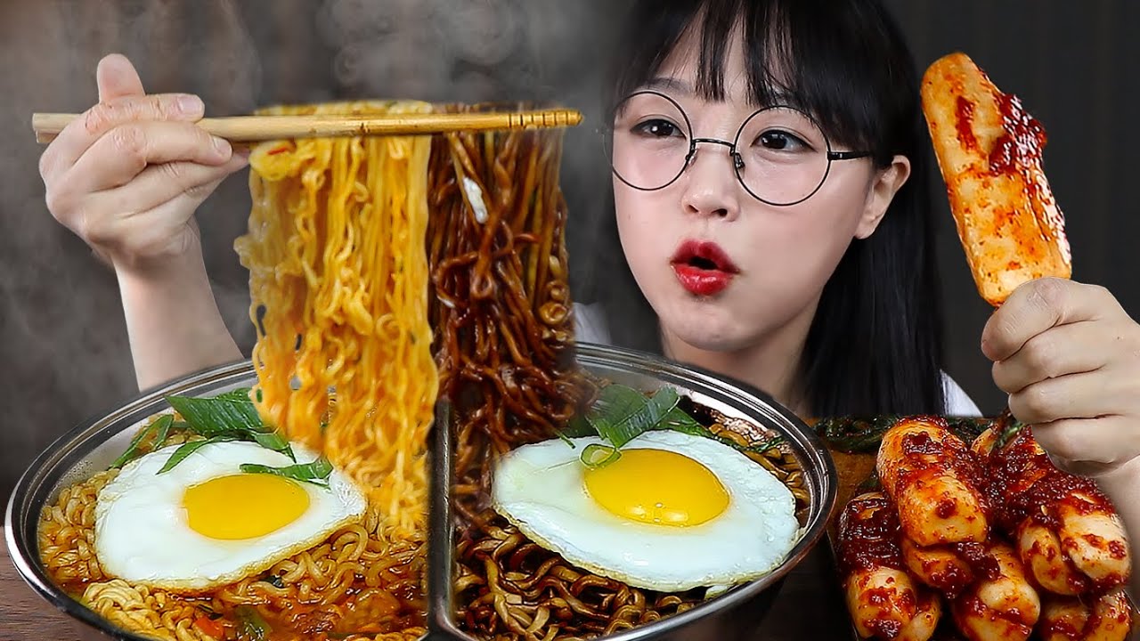 АСМР ЕДА Черная лапша и Лапша быстрого приготовления с Кимчи из редиса | MUKBANG | EATING SHOW