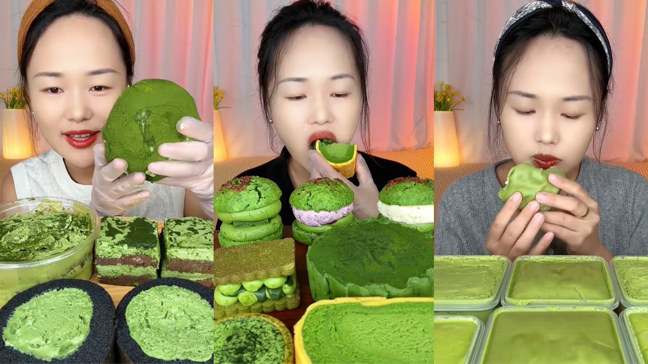 asmr mukbang – matcha dessert eating | green tea cake, soft cream & relaxing eating sounds