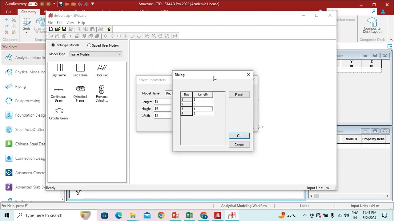 STAAD PRO: how to create a BAY FRAME  model using structure wizard