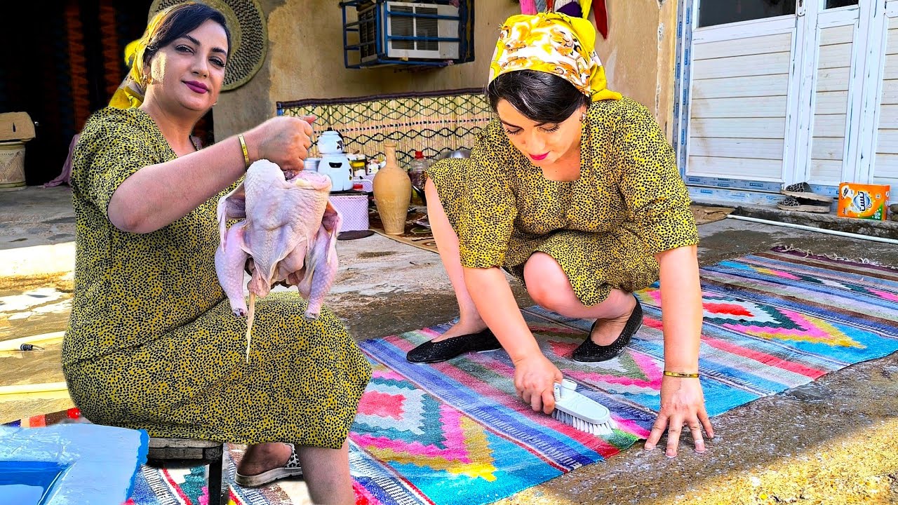 Village Life in Iran / Cooking Chicken in Fire + Washing Grandma’s Old Rug + Homemade Donuts