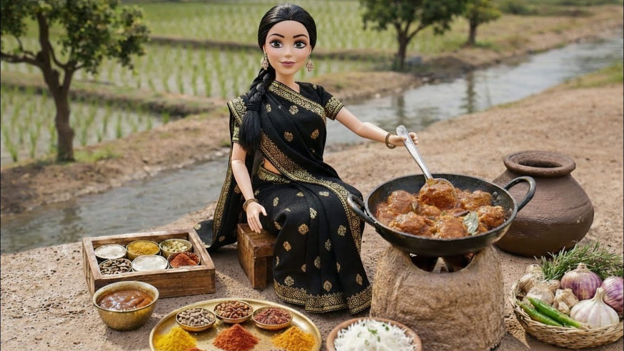 Miniature Doll Fish Cooking ASMR | Indian Village Tiny Kitchen story