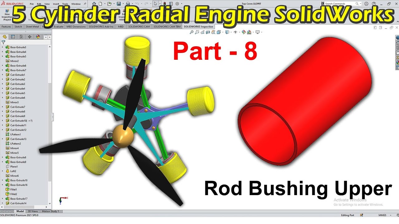 Часть 8 | 5-цилиндровый радиальный двигатель SolidWorks | 5-цилиндровый двигатель в SolidWorks