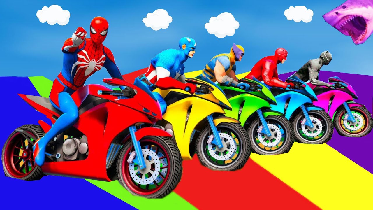 الأبطال الخارقين على القضبان دوامة قمع جسر 🚴‍♂️ SPIDER MAN!on Motorcycle in Spiral Bridge Stunt Ri