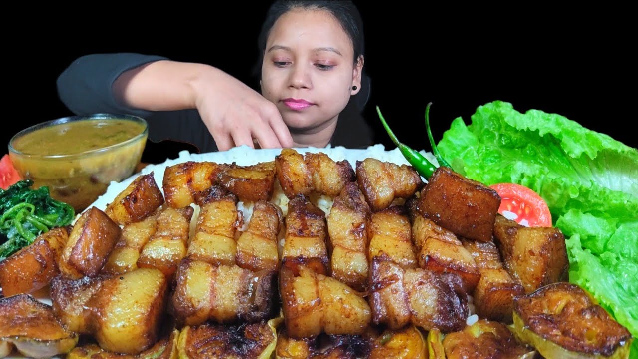 ASMR EATING SOY PORK BELLY WITH RICE, MIX DAL & EGGPLANT FRY | PORK MUKBANG | PORK EATING CHALLENGE