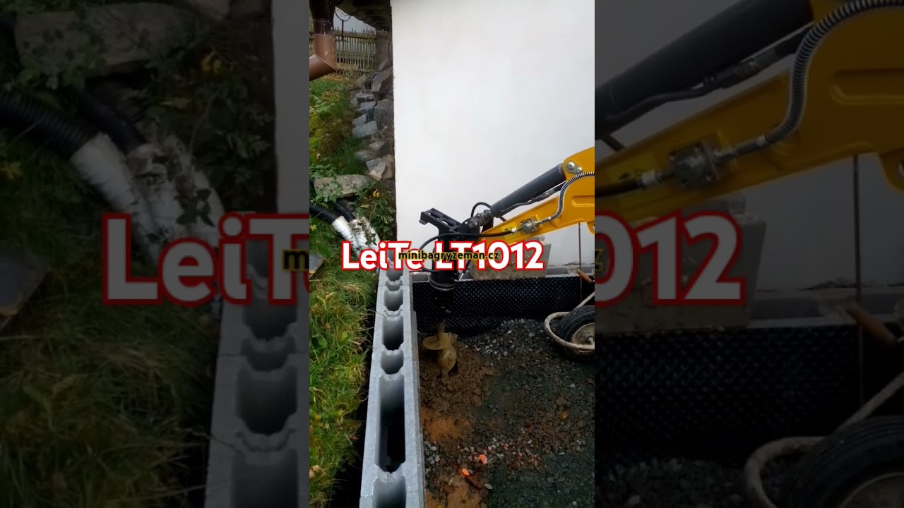 Minibagr LeiTe LT 1012, při vrt&aacute;n&iacute; děr.  Minibagr v&aacute;m usnadn&iacute; pr&aacute;ci při realizaci va&scaron;ich projektů.