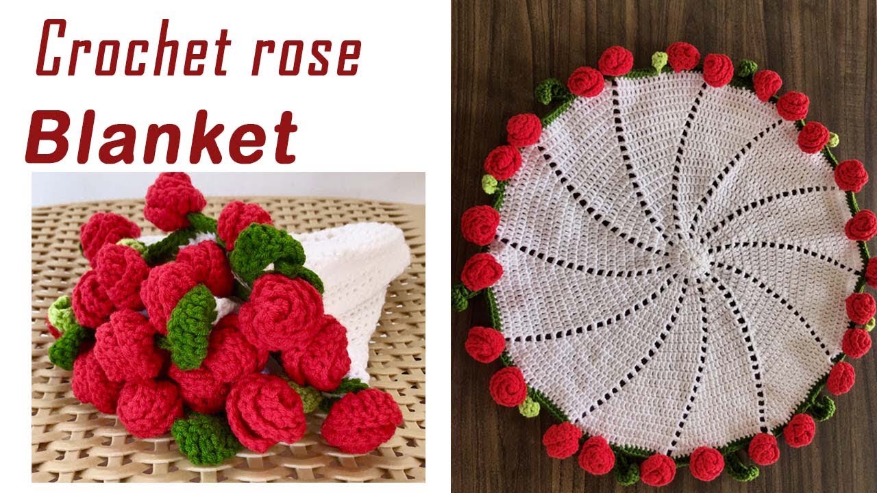 රෝස මල් බ්ලැන්ක්ට් එකක් ගොතමු. Crochet rose blanket / bouquet / table mat tutorial ..