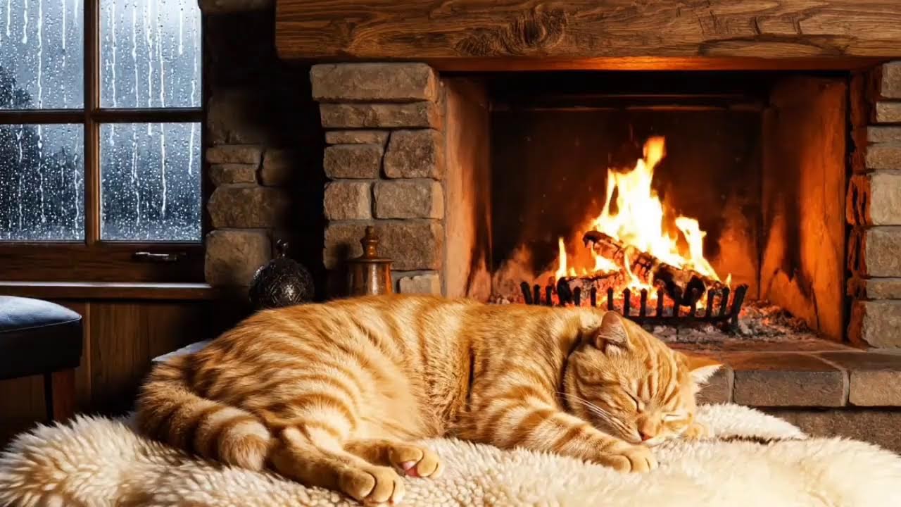 🔴 🔥🔥 Cozy Fireplace Rain Ambience with Sleeping Cat | Deep relaxation ASMR 🔥