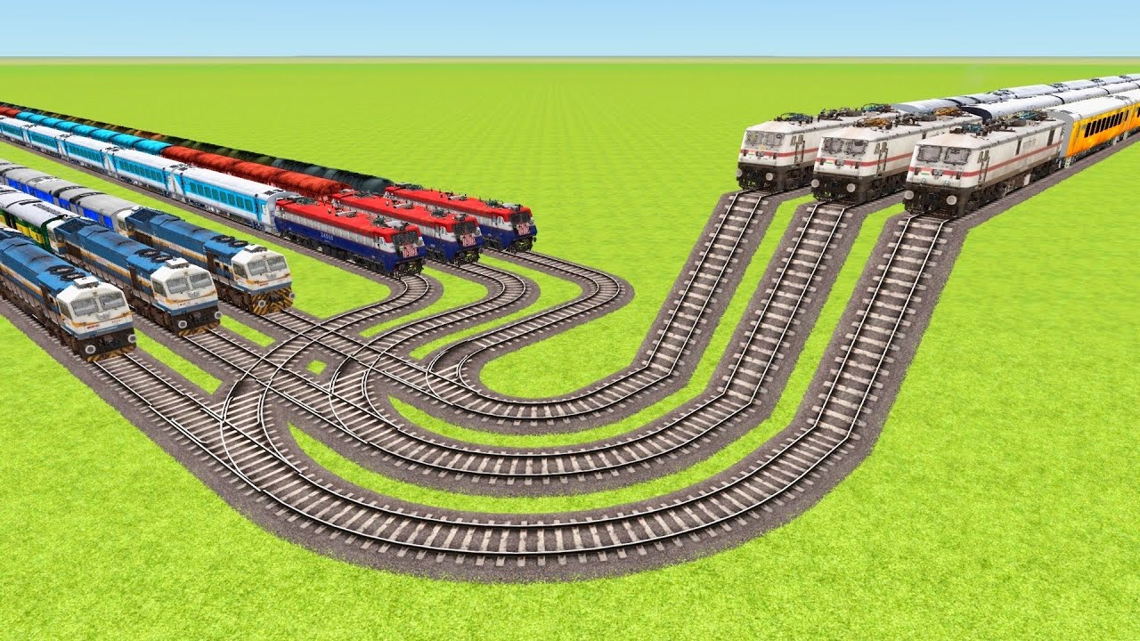 NINE MULTIPLE TRAINS VS LONGEST SHARP ROTATED SHAPE RAILROAD CROSSED ▶️ Train Simulator | CrazyRails
