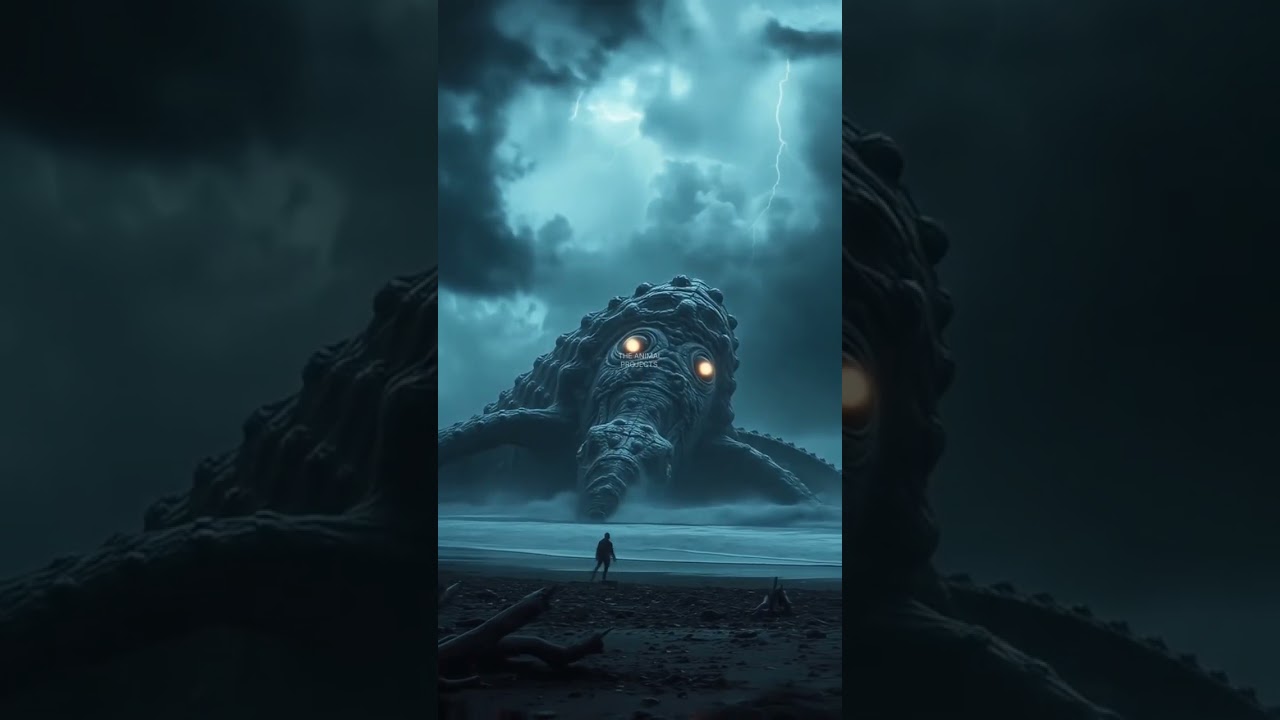 A gigantic ancient sea creature stranded on a storm-ravaged beach