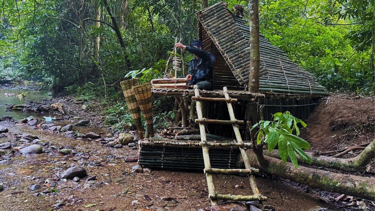 3 Day Solo Bushcraft: Complete the bamboo house with a special shape. Fish trap and cooking - Part.2