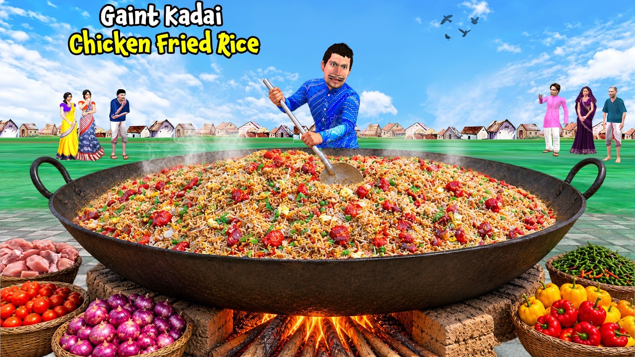Chicken Fried Rice Cooking in Giant Kadai Tasty Street Food Comedy Hindi Kahaniya Moral Stories