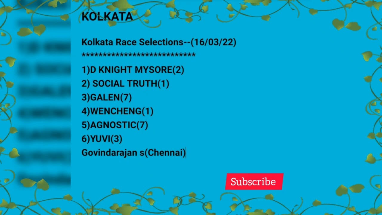 KOLKATA RACE SELECTIONS (16/03/22)&lrm;@allindiarace channel&nbsp;
