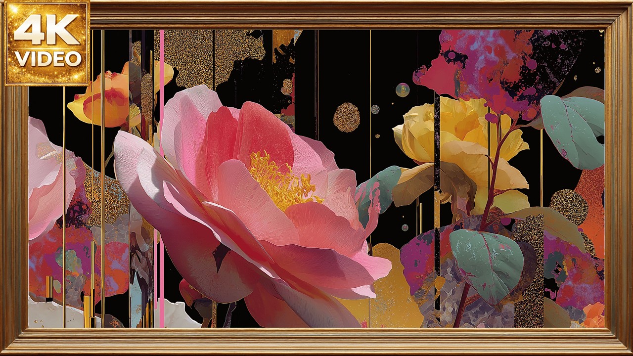 Arte Floral Moderno 4K | Flores Abstractas en Marco Dorado | Pantalla Estática para TV