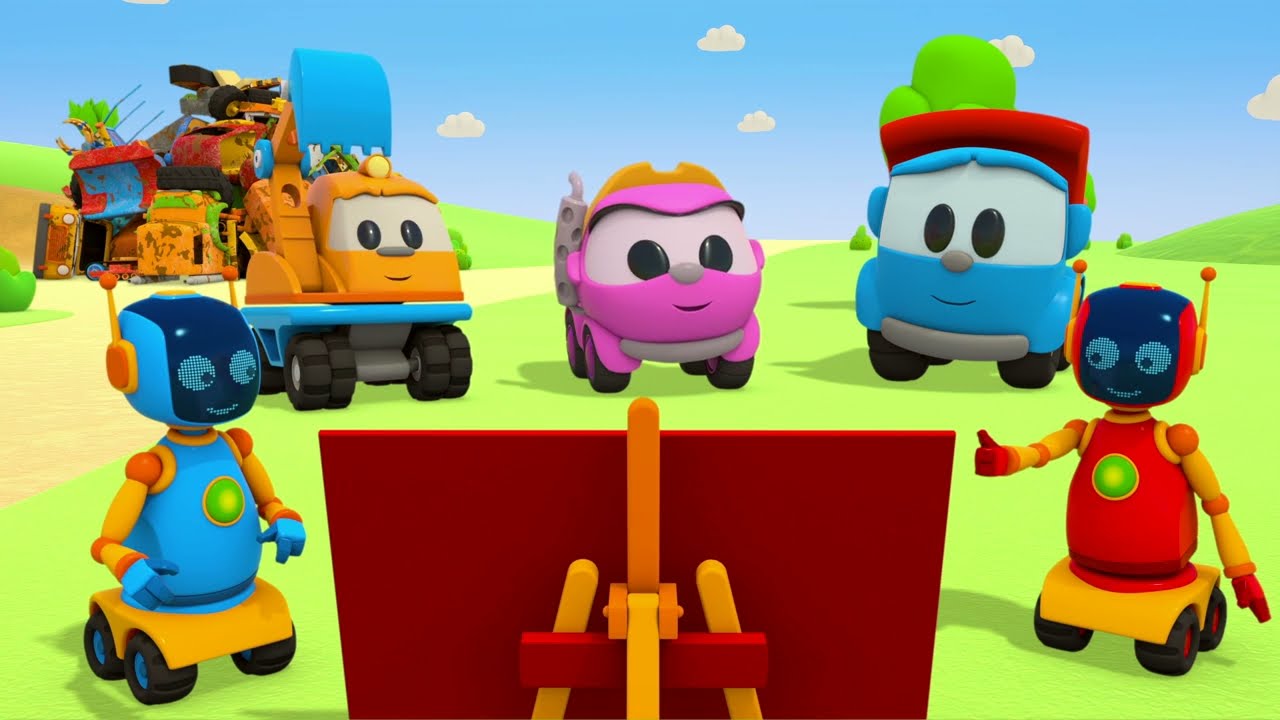 Animation för barn. Lastbilen Leo och leksaker för små barn. En fontän i trädgården
