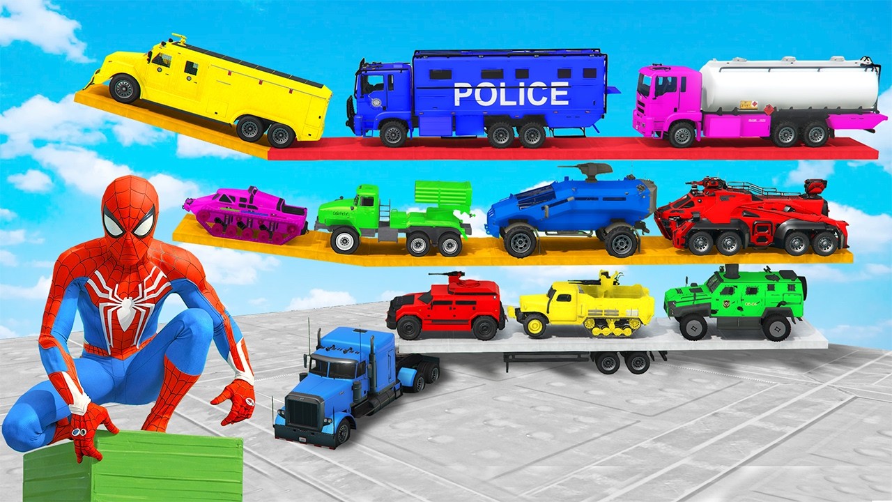 Gta V Spiderman Carrying Police Car Fuel Truck Ambulance Bus Ferrari Bugatti in Multi Floors Trailer