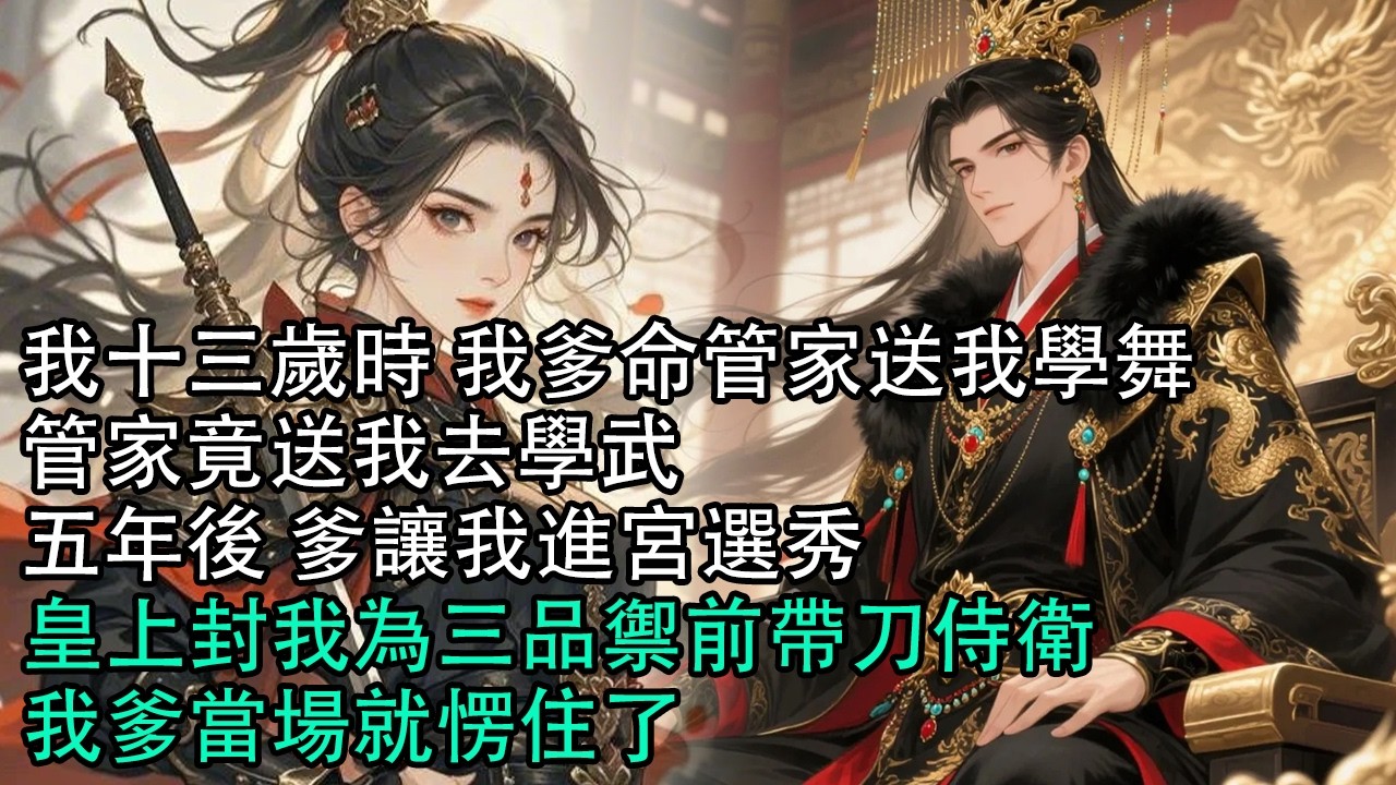 【一口氣看完】我十三歲時 我爹命管家送我學舞，管家竟送我去學武，五年後 爹讓我進宮選秀，皇上封我為三品禦前帶刀侍衛，我爹當場就愣住了#古言 #有聲小說 #情感故事