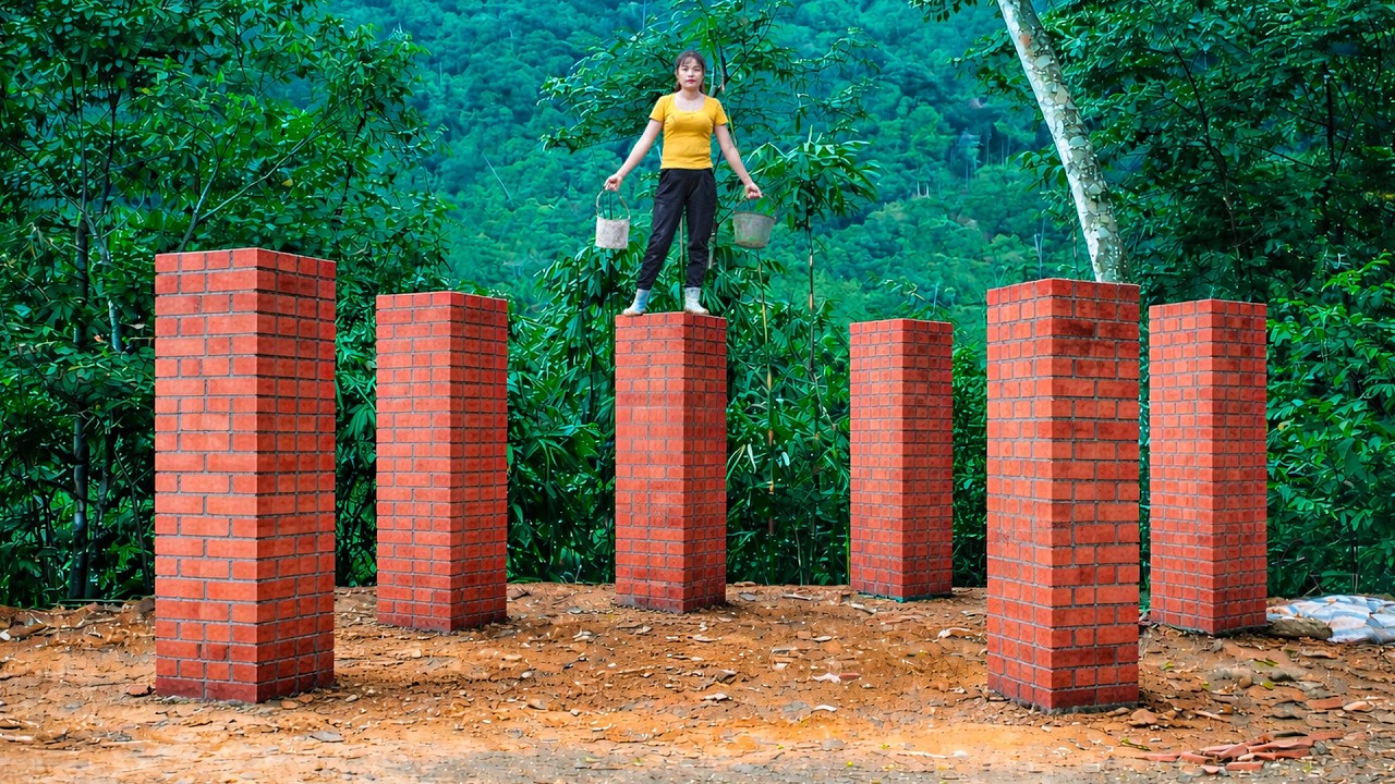 Building from Scratch &ndash; Young Woman Digging Foundations and Building Strong Pillars in the Forest