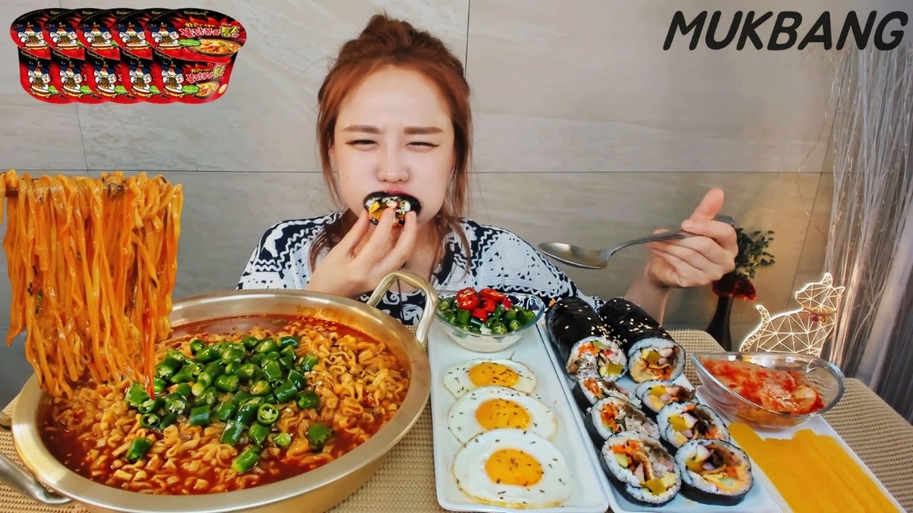Субтитры) Hot chicken flavor ramen X5  Gimbap SPICY NOODLE BULDAK HOT NOODLE REAL SOUND ASMR MUKBANG