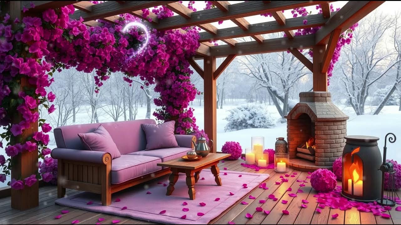 Pink Snow Romance 💗 Valentine Porch Jazz | Warm Fireplace Sounds for Relaxation