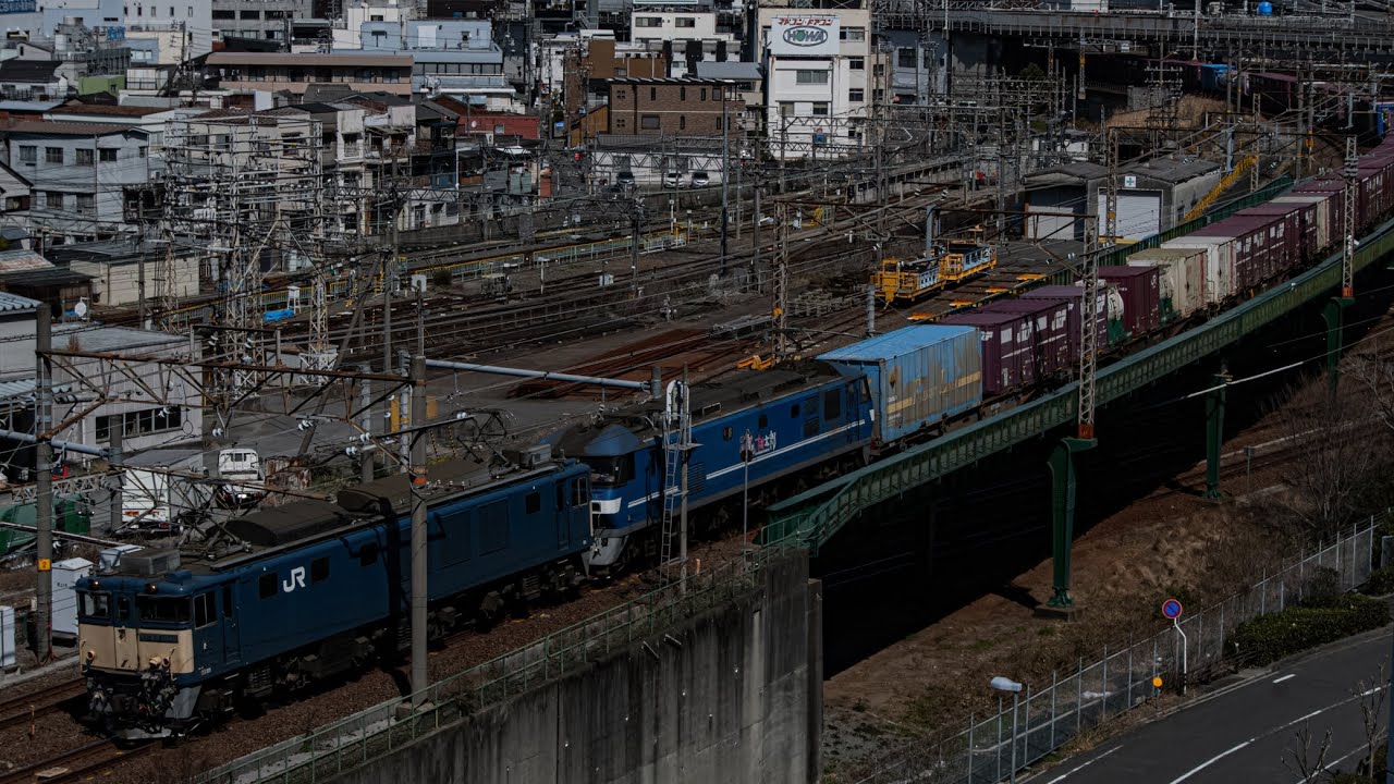 3月11日 貴重な定期重連貨物 愛A81+新A144 3091レ EF64 1046(愛)+EF210-118(新)+コキがささしまライブ駅付近を通過するシーン