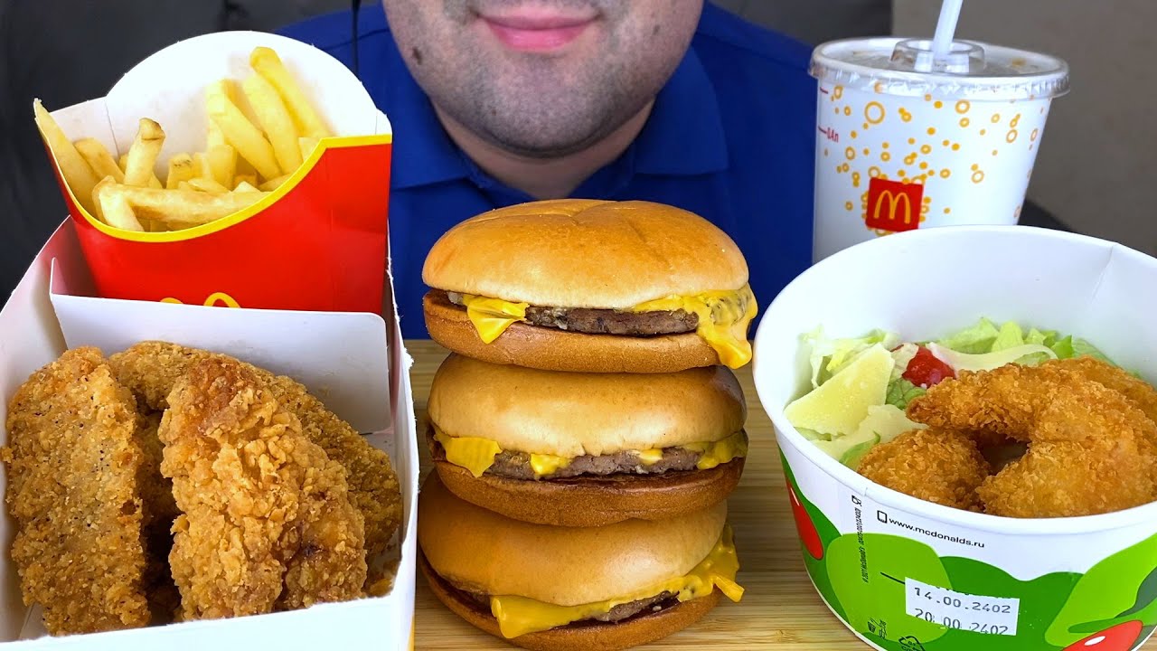 ASMR Eating Mсdonalds Cheeseburgers, Chicken, French Fries & Cesar Salad with Shrimp Mukbang