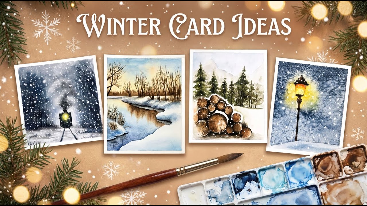 Some attractive winter greeting card ideas/Easy snowy landscape tutorial with watercolors🎨