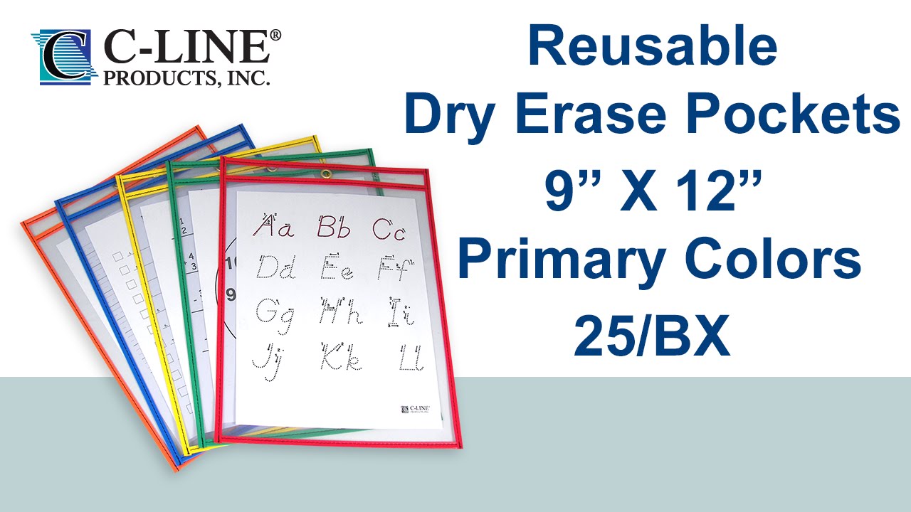 Reusable Dry Erase Pockets, Assorted Primary Colors, 9 x 12, 25/BX - C-Line Products - 40620