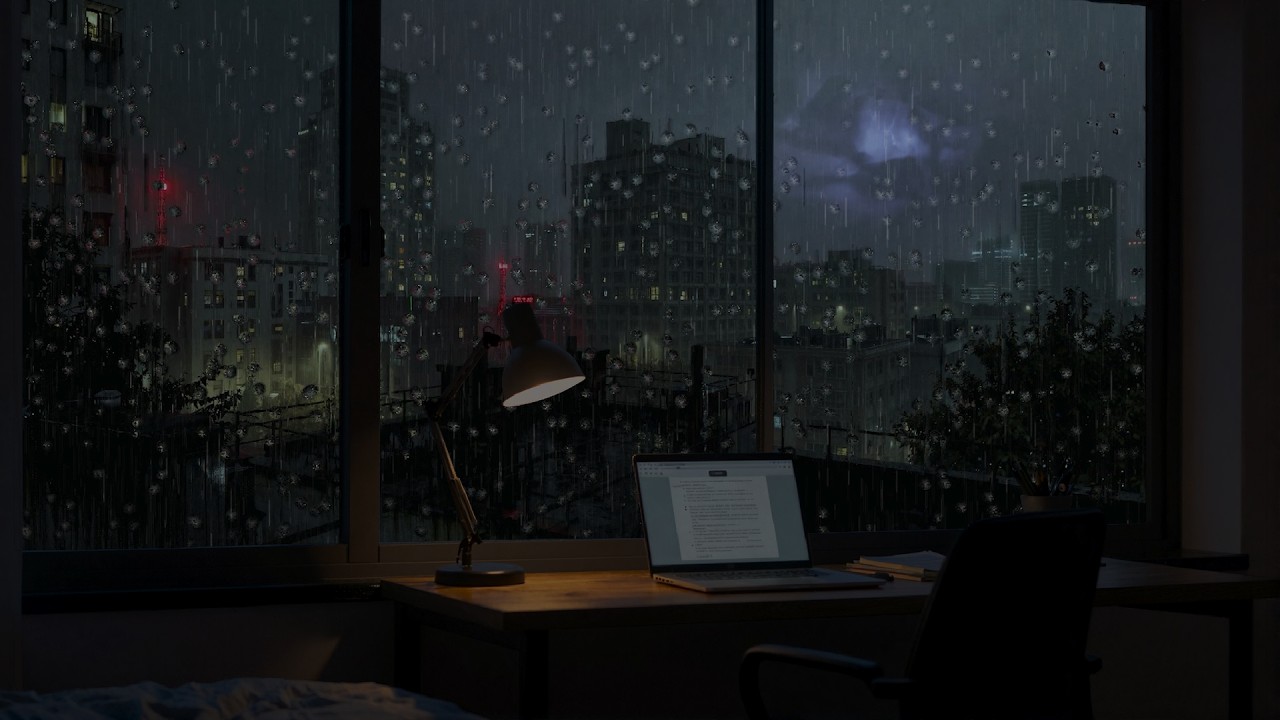 Gentle rain on window taps for deep sleep & inner calm - The city in the stormy night