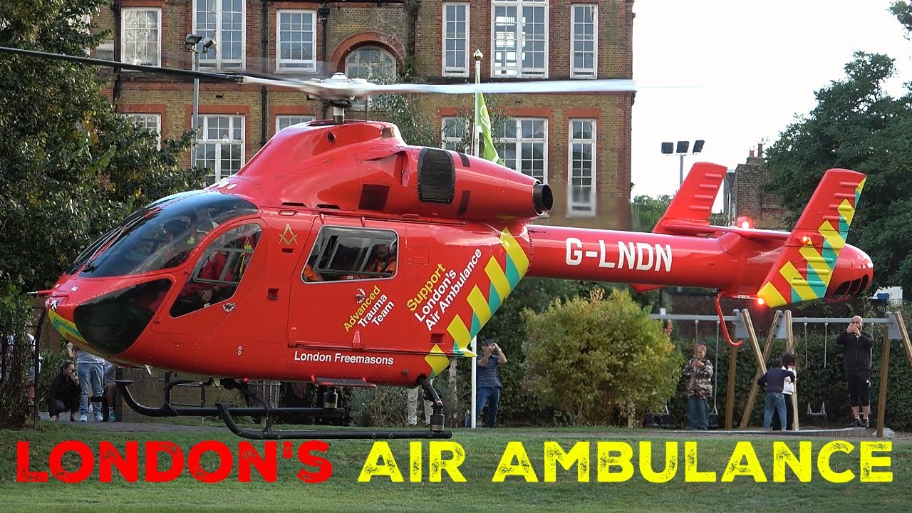 London's Air Ambulance MD902 helicopter takeoff from William Parnell Park in London G-LNDN