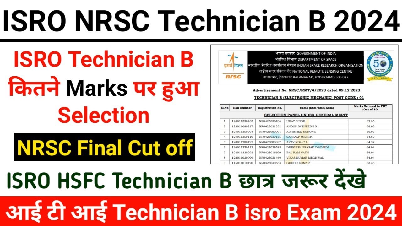 ISRO Technician B Cut Off 2024 || NRSC ISRO Final Cut off Marks List 2024