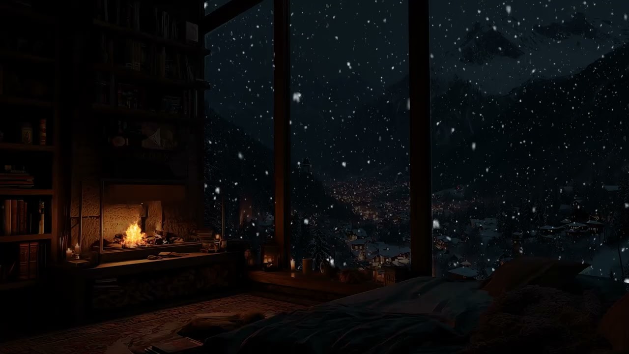 Warm Fireplace & Soft Piano Relaxing Holiday Ambience with Snowfall