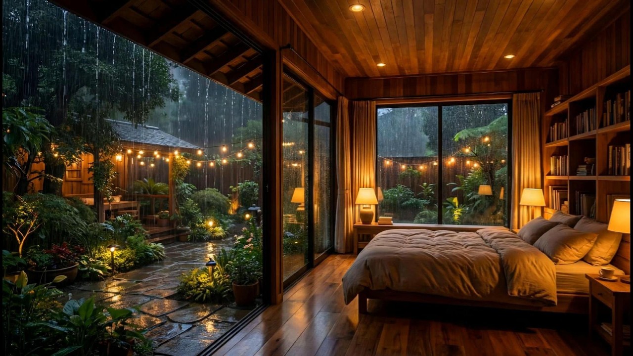 10 часов дождя звуки в уютной деревянной спальне 🌧️ Лесный сад Ambience для Dee