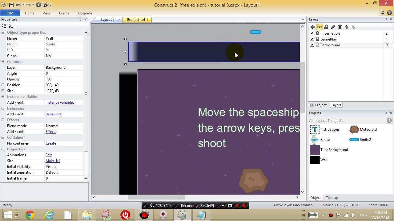 Construct 2 lesson 4 - Time event, variables, moving enemies, bounce off edge