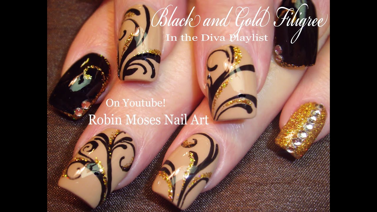 Black and Gold Glitter Nails Design | Bling Filigree Nail Art Tutorial