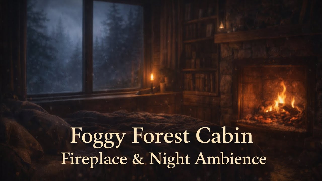 Foggy Forest Cabin – Fireplace & Night Ambience