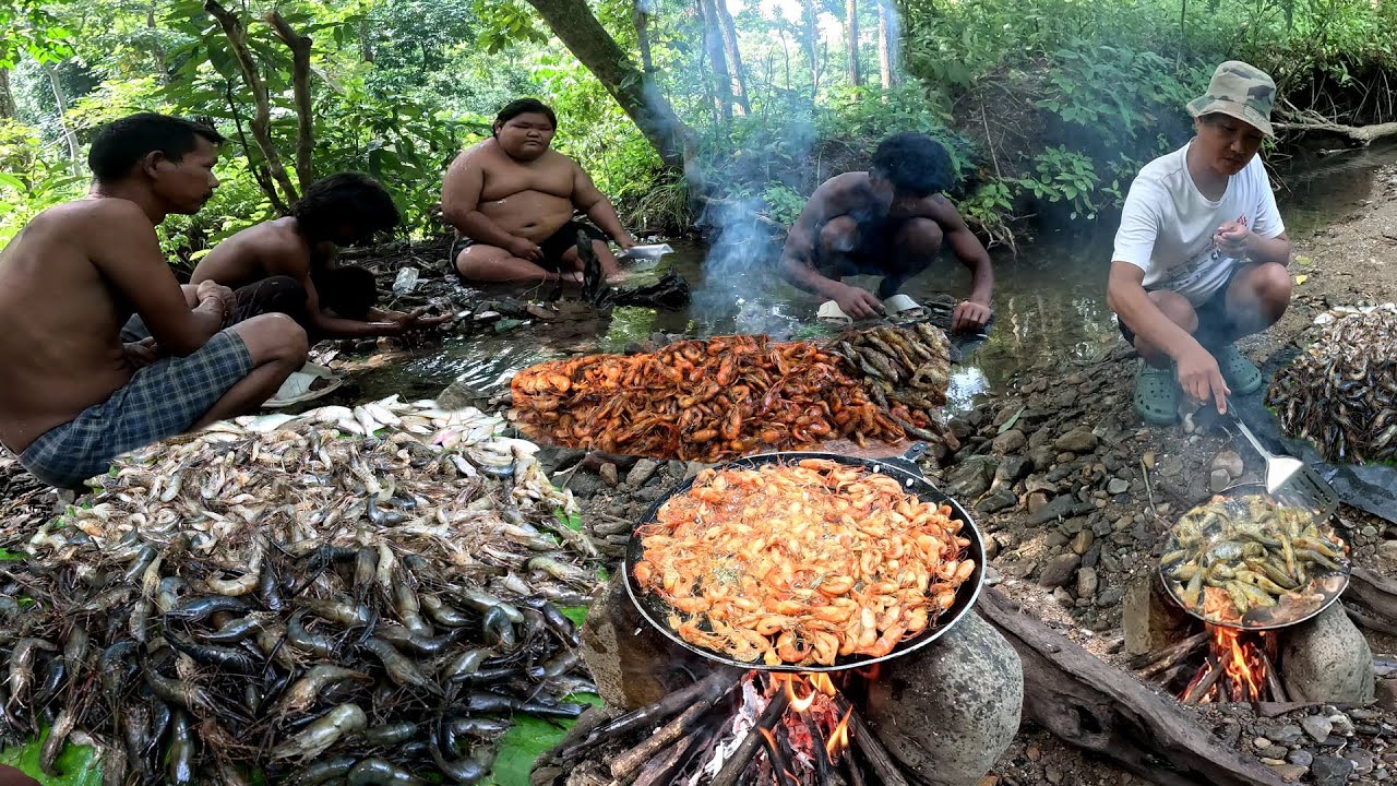 Surviving 12 Hours in Mid Jungle Wild Prawn Fish Hunting Catching and Cooking Survival Challenge